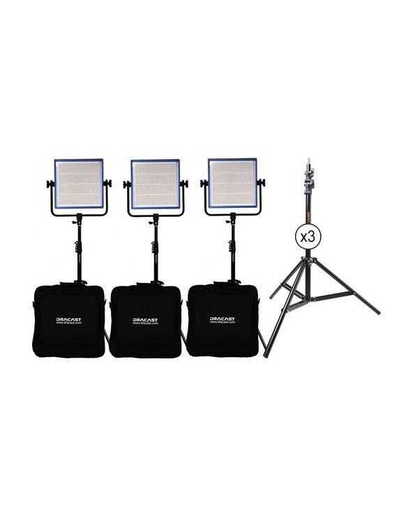 Dracast - DRLK3X1000DK - LED1000 PRO DAYLIGHT 3-LIGHT KIT WITH V-MOUNT BATTERY PLATES AND STANDS from DRACAST with reference DRL